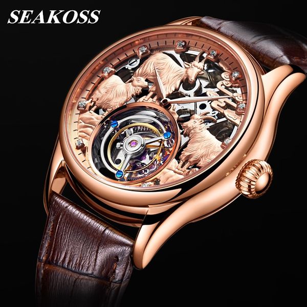 

original zodiac sheep skeleton mens watch clock men mechanical wristwatches seakoss 2020, Slivery;brown