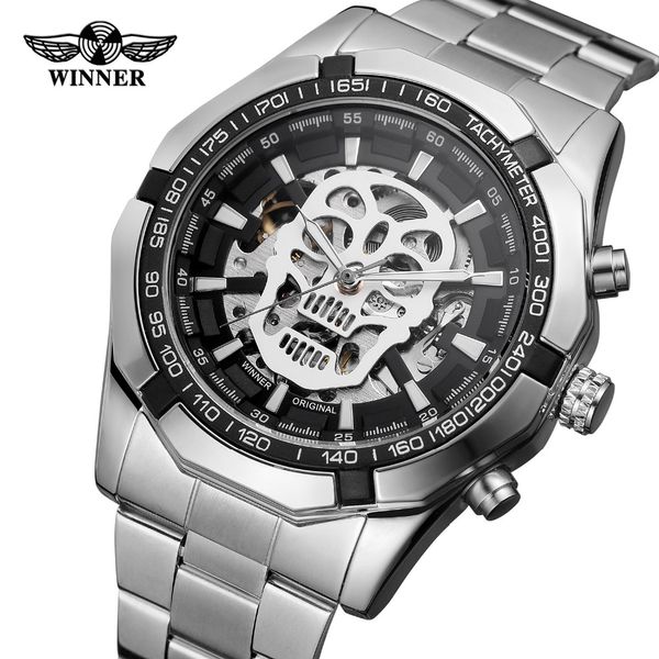 

t-winner men's automatic self-wind skeleton antique steampunk skull dial analog watch with stainless steel bracelet wrg8154m4, Slivery;brown