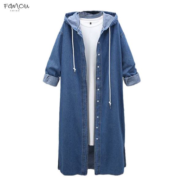 

Women Oversize Solid Vintage Hooded Plus Size Full Sleeve Single Breasted European Denim Loose Womens Outwear Chic