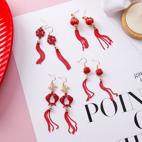

popular traditional holiday red lantern chinese knot carp fish long tassel dangle earrings for women jewelry pendientes xe1333, Silver