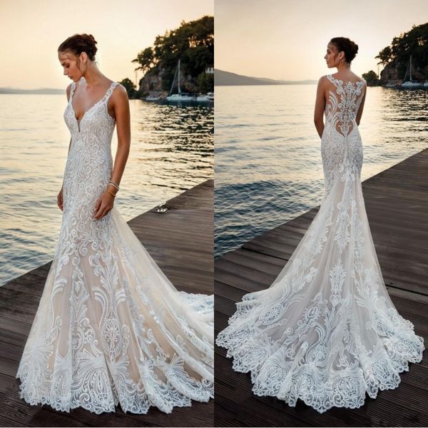 

vintage eddy k 2019 wedding dress sheer full lace robe de mariee beach mermaid wedding gowns custom made, White