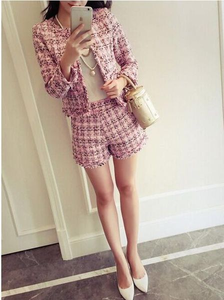

2019 tweed 2pcs girl set slim plaid short set fashion fringed trim jacket coat+tassels short teenage girls clothes suit t200413, White