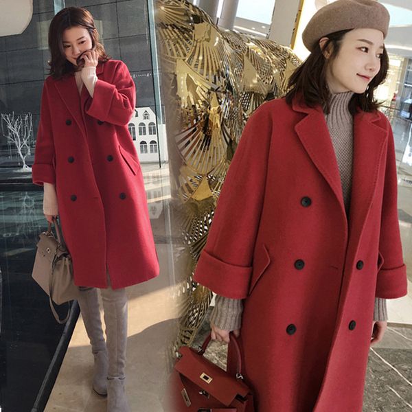 

2020 зимнего пальто женщин двойной груди сплошного цвета шерстяного пальто большого размера мода плюс бархат толщины свободно шерстяные fema, Black