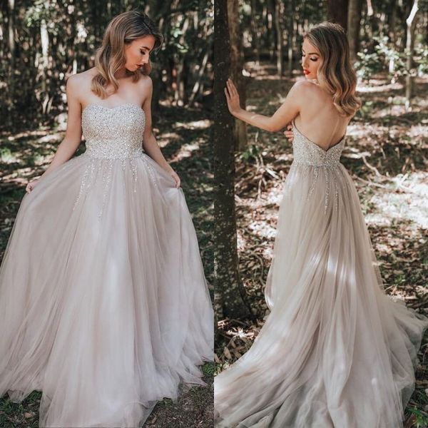 

shining a line sequined tulle wedding gown sleeveless backless sweep train beach bridal dresses custom made plus size, White