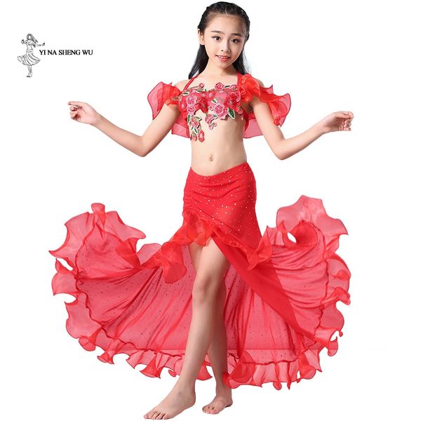 

girls belly dance costume 2 pcs/set bra + skirt bellydance clothing kids oriental dance performance dancwear for child, Black;red