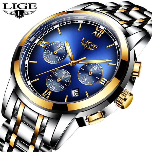 

relogio masculino 2019 watches mens lige chronograph men sport clock waterproof all steel quartz watch montre homme, Slivery;brown