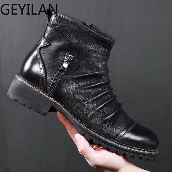 

new winter men leather boots zipper casual ankle boot breathable big size 48 47 46 male motorcycle boots shoes footwear, Black