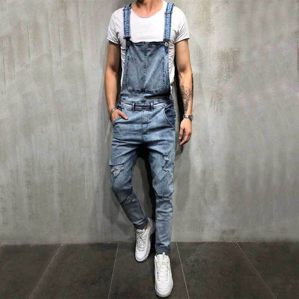 

fashion men's ripped jeans jumpsuits hi street distressed denim bib overalls for man suspender pants, Blue