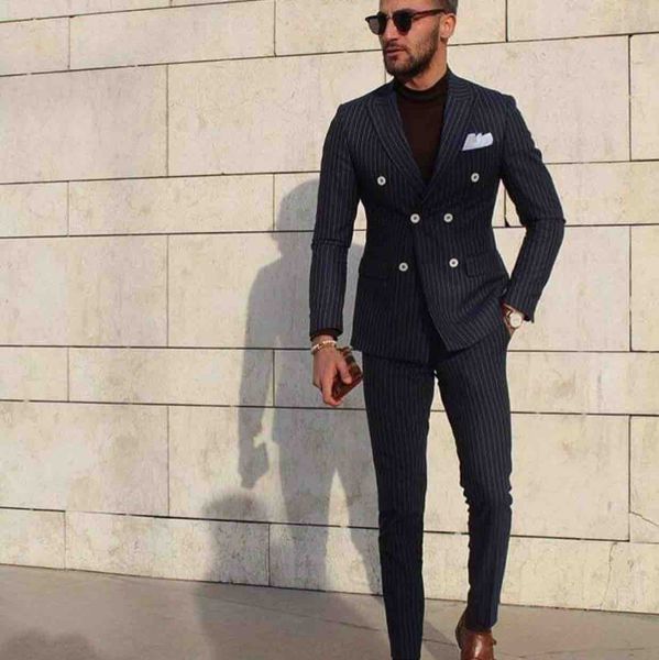 Lacivert Damat smokin çift Breasted Groomsmen Düğün Smokin Erkekler Resmi akşam yemeği Parti Balo Blazer Suit Şeritler (Ceket + Pantolon + Kravat) 1126