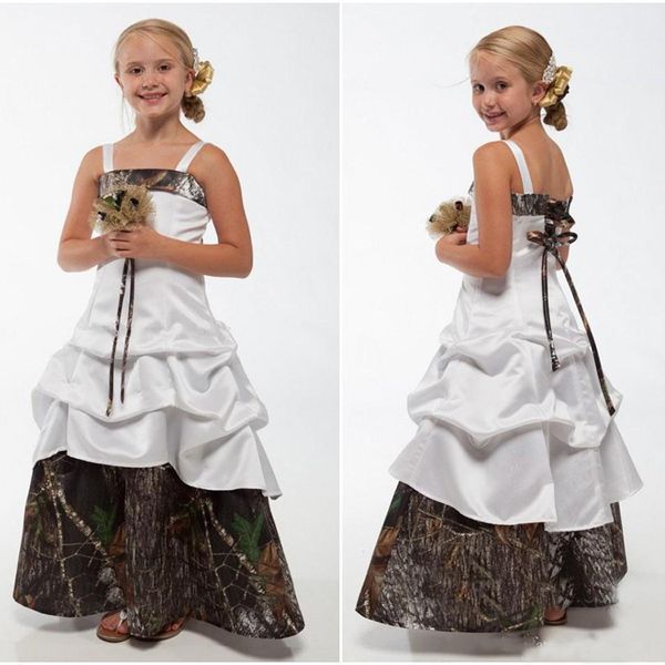 Camo Çiçek Kız Elbise Spagetti Sapanlar Dantel-up Geri Kat Uzunluk Düğün Konuk Elbiseler Bir Çizgi Çocuk Örgün Giyim Custom Made