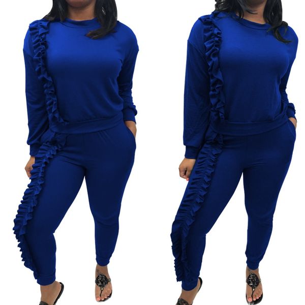 

solid ruffles women set casual long sleeve o neck bodycon pullover with long pants tracksuit slim suit female spot set women, Gray