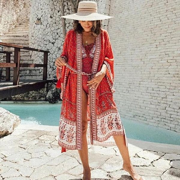 

bikini cover-ups bohemian printed front open summer beach dress cotton tunic women beach wear swim suit cover up cardigan a240, White;black