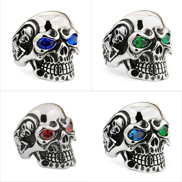 

новый мужской панк серебро из нержавеющей стали череп кольца красный синий зеленый кристалл стразы ювелирные изделия кольца размер 7-15, Golden;silver