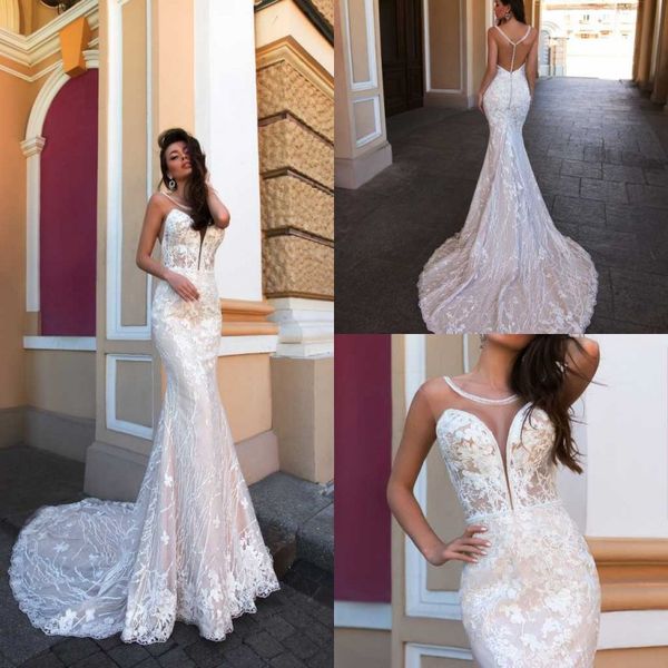 

gorgeous sheer jewel neck mermaid wedding dresses customized lace appiqued bridal gowns backless sweep train wedding dress robe, White