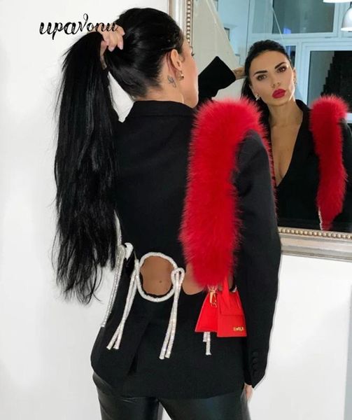 

2020 new fashion women blazer notched long sleeve back shiny tether hollow out slim single button high street black blazer, White;black