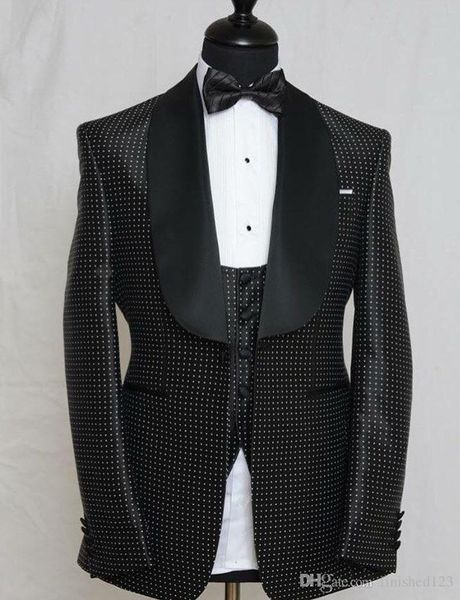 Immagine reale One Button Black Polka Dot Wedding Smoking dello sposo Scialle Risvolto Groomsmen Mens Dinner Blazer Suits (Jacket + Pants + Vest + Tie) NO: 1586