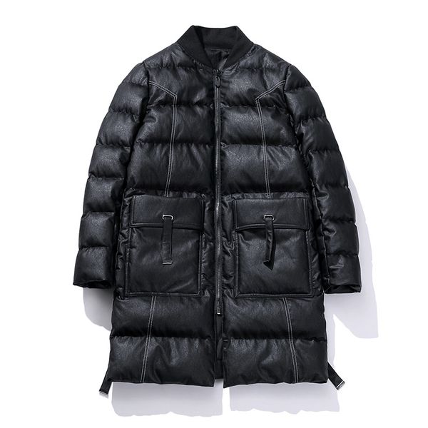 

winter pu leather coat men cotton padded jacket mens warm winter jacket coats hooded parka, Black