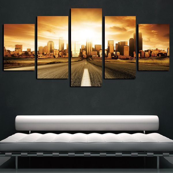 

5 panels canvas prints wall art paintings sunrise rosd city buildings artworks oil paintngs on canvas giclee pictures wall decor