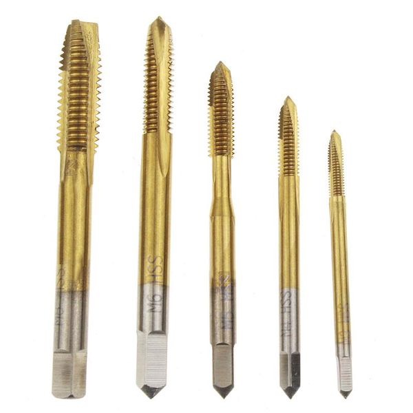 

5 pieces / set of titanium coated metric hss spiral groove taps m3 m4 m5 m6 m8 spiral pointed household tap tapping forming