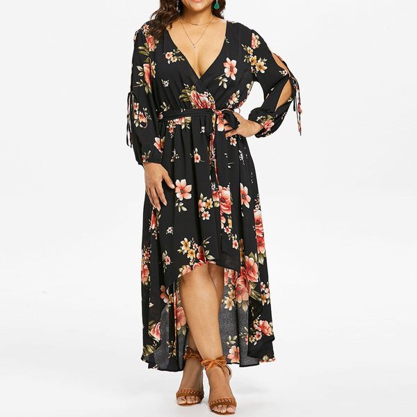 

fashion summer dress female plus size women casual long sleeve cold shoulder boho flower print long dress elbise robe vestidos, Black;gray
