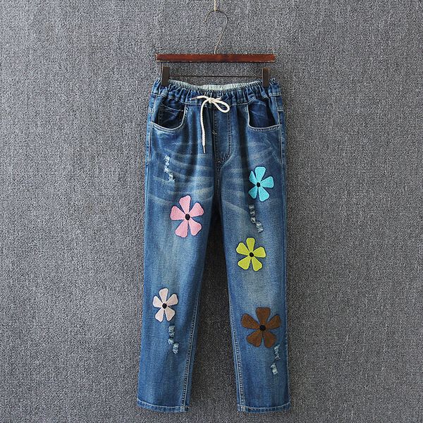 

teach me vintage flower embroidery jeans women's pockets straight jeans women's bottom light blue casual pants capri summer