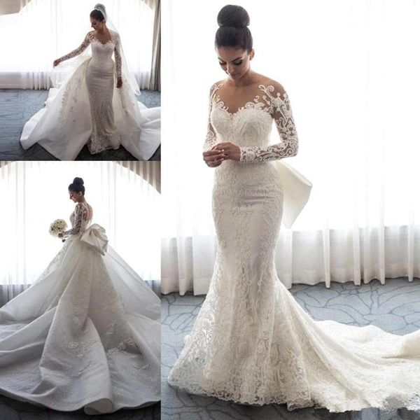 

2019 sheer neck elegant mermaid wedding dresses jewel neck long sleeves lace applique beach wedding dress bridal gowns vestido de novia, White