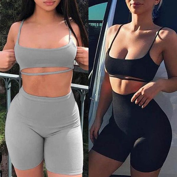 

womens summer hollow out two piece set crop biker shorts solid color bodycon tracksuit high waist fitness sport outfit, White