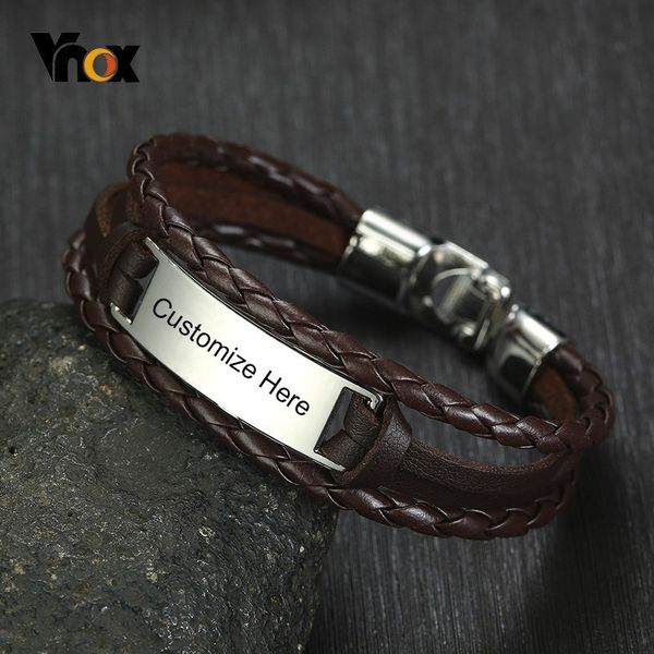 

vnox custom id tag triple layers leather bracelets for men stainless steel bar engrave name inspiration pulseira, Golden;silver