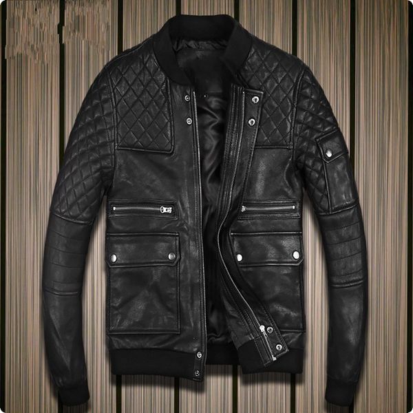 

retro slim fit sheepskin genuine leather men jacket stand collar coat male motorcycle chaquetas de cuero hombre, Black
