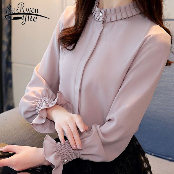 

spring 2020 fashion women blouses shirts chiffon blouse long-sleeved womens and blouses solid female clothes 1016 40, White