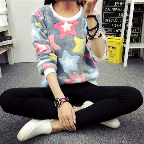 

women hoodies sweatshirts pullovers fall 2017 fashion long sleeve casual kawaii print pullover coral velvet lady sweatshirt for womens, Black