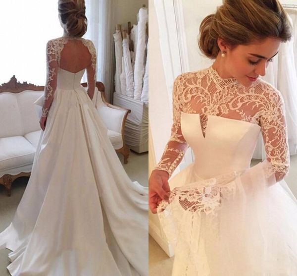 

gorgeous high neck a line wedding dresses sheer neck open back bridal gowns satin a line long sleeve wedding dress, White