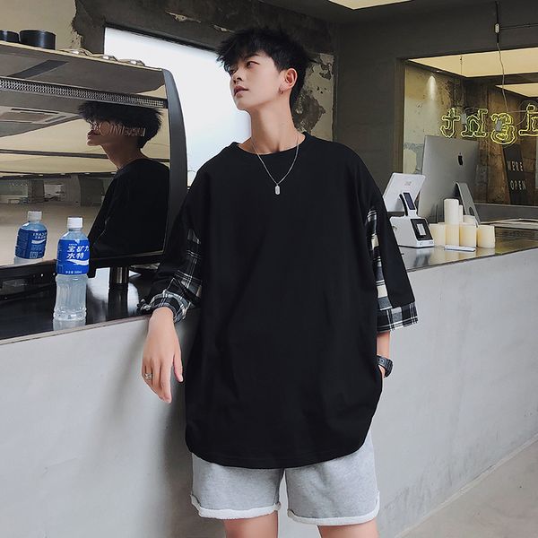 

2019 summer sunscreen five points falling shoulder sleeves stitching tide t fashion loose wild round neck casual men's t-shirt, White;black