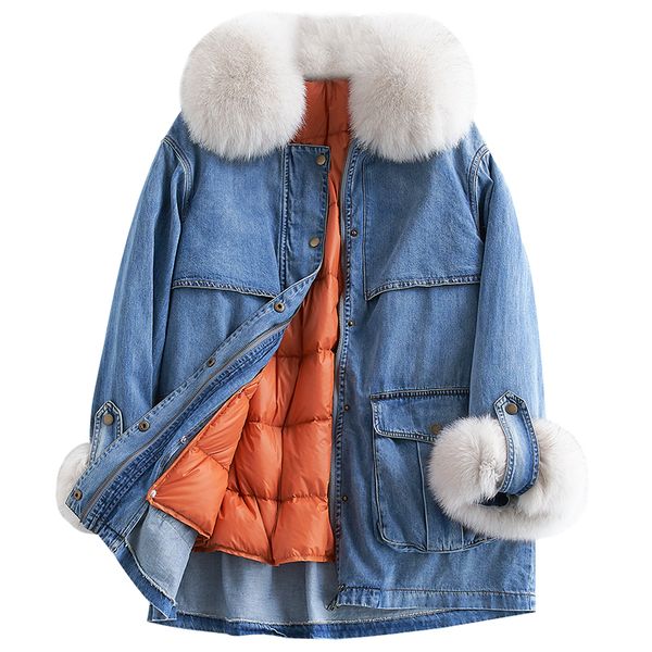 

womens winter fashion 2018 real fur collar coat duck down jacket korean vintage denim fur parka chamarras de mujer zl787, Black