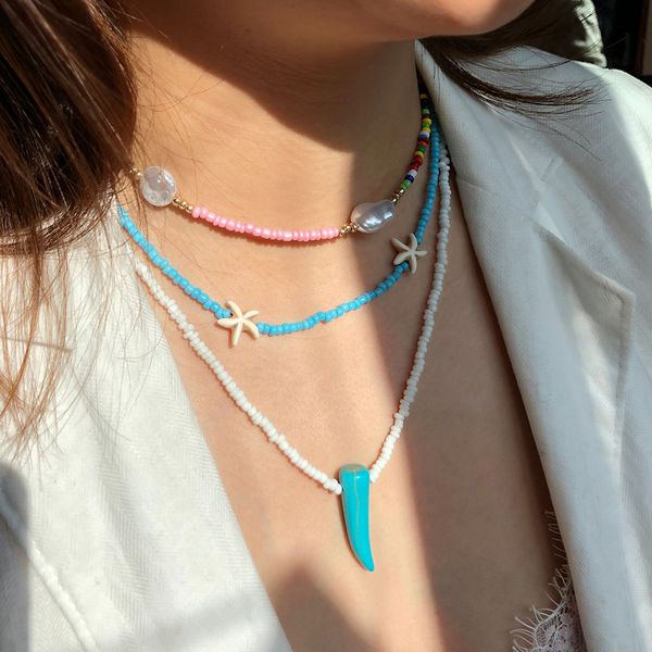 

bohemian rice beads simple personality ox horn pendant handmade beaded necklace women all-match sweater chain, Silver
