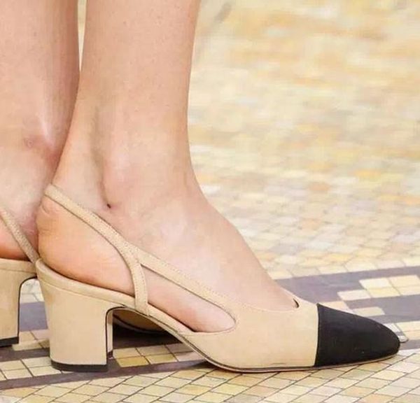 

b084 34 genuine leather slingback med heel sandals luxury classic c designer matched cap toe, Black