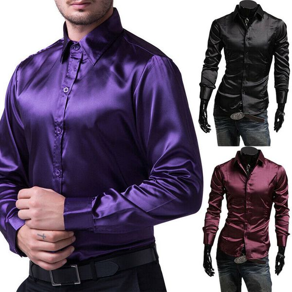 

2019 men's luxury silky shirts long sleeve fashion loose casual silk like men dress shirt plus size wedding party stage clothes, White;black