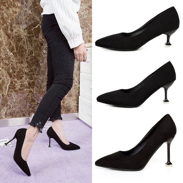 

new wild black suede pointed high heels shallow mouth large size high heels fashion trend comfortable