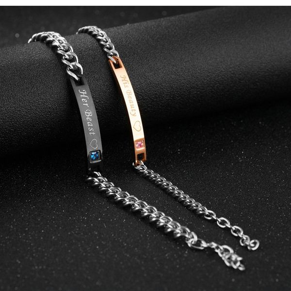 

fashion love bangle men women her king his queen couple bracelets titanium steel crystal crown charm bracelets gift, Black