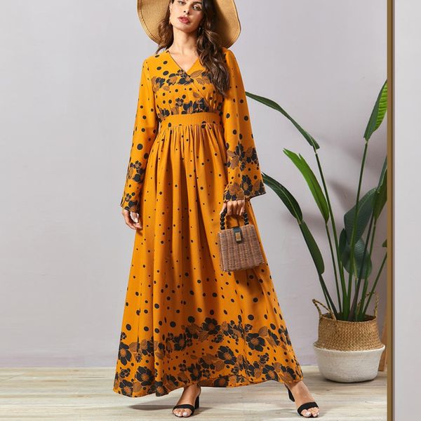 

casual dresses [ewq] 2021 spring summer arrivals v-neck long sleeve high waist women fashion patchwork pleated dress aw32107m, Black;gray