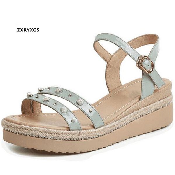 

2020 summer open shoes woman sandals rhinestone pearl decoration genuine leather sandals women fashion non-slip wedges, Black