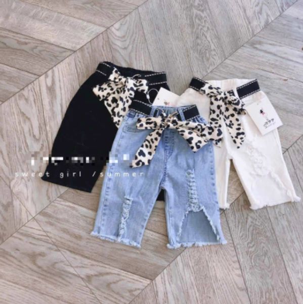 

girls' denim pants summer 2020 new children's summer pants han yangqi hole leopard belt five-point pants, Blue