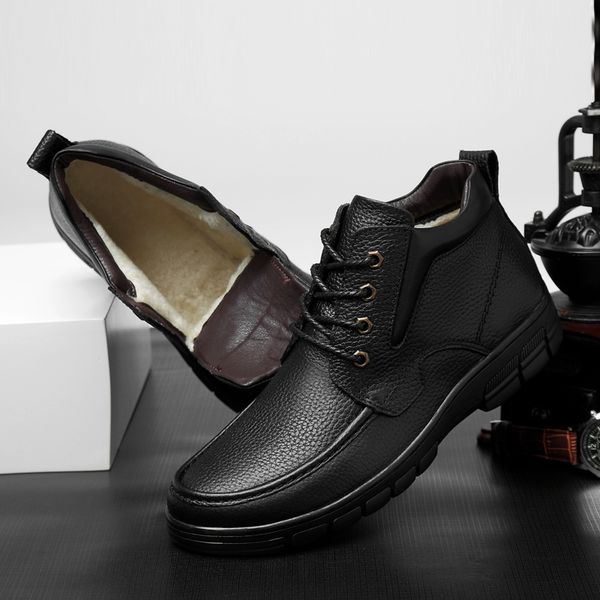 

new men's shoes waterproof winter warm snow boots men vintage plus velvet genuine leather business male casual ankle boots, Black