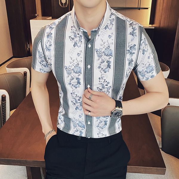 

vintage shirts for mens fashion 2020 summer mens designer shirts flowers printed short sleeve slim fit striped, White;black