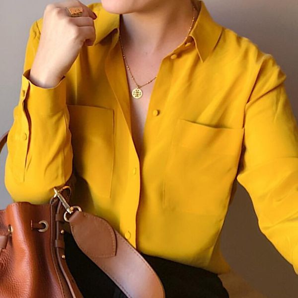 

100% silk brand fashion women's high-end luxury literary vintage pocket elegant silk long-sleeved shirt top, White