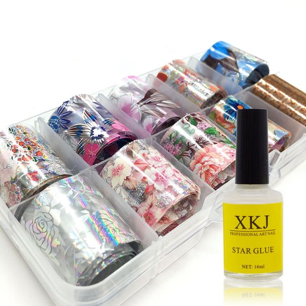 

1 box colorful flower nail foil set 2.5*100cm nail sticker nails foils art kits with star glue stencil decal, Red;pink