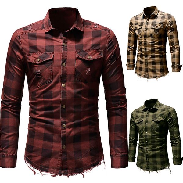 

new 2019 men's slim fit button plaid shirt with pocket long sleeve shirts drop shipping 0730, White;black