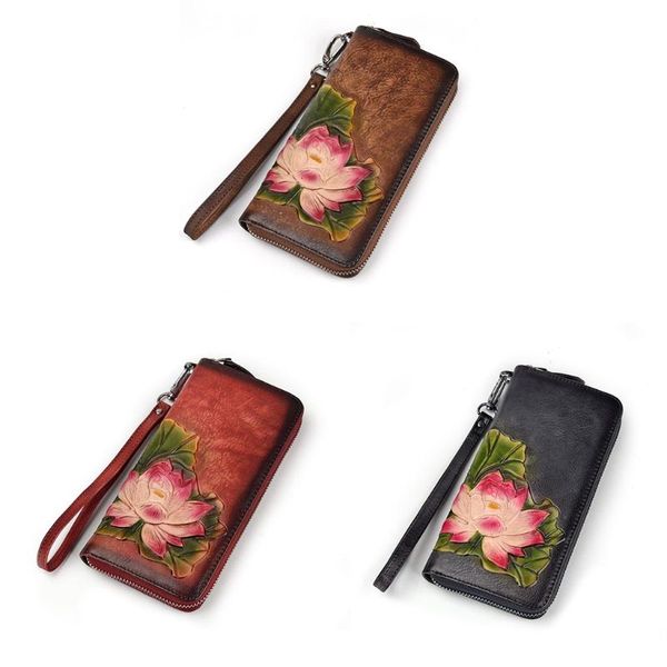 

women vintage long leather wallet card money holder bag lady embossing flower zipper phone pouch bag coin wristlet purse handbag, Red;black