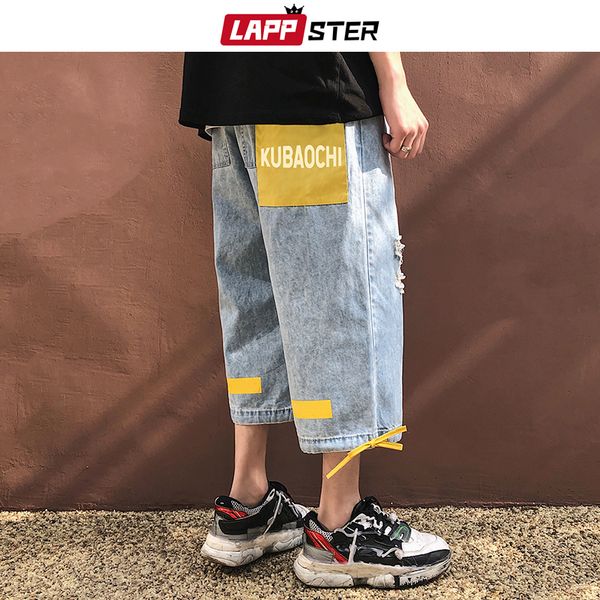 

lappster men streetwear ripped jeans harem pants 2019 mens washed pants fashion denim korean style color block cropped, Blue