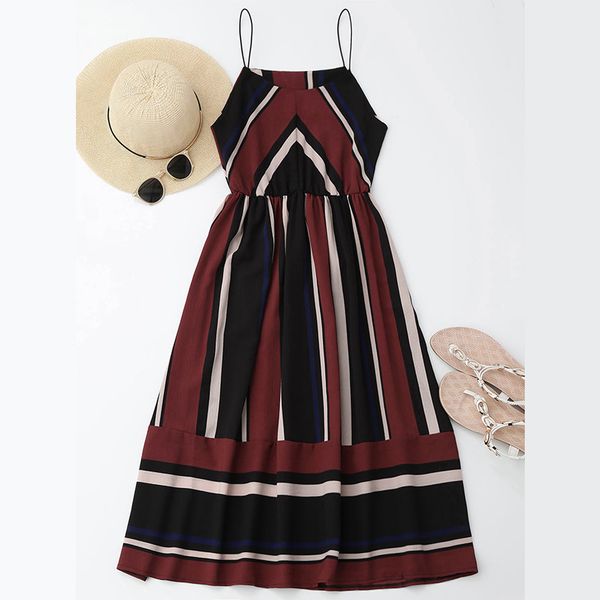 

Casual Striped Beach Dress Women Sexy Sleeveless Spaghetti Strap Midi A Line Summer Party Dress Sundress Vestidos